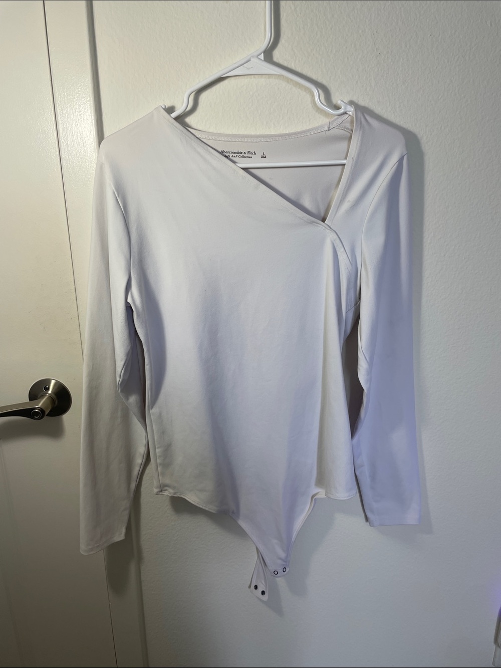 Abercrombie & Fitch White Asymmetrical Wrap Long-Sleeve Bodysuit